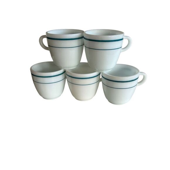 Vintage Anchor Hocking White Mugs with Teal Bands Set of 5 - Picture 1 of 3